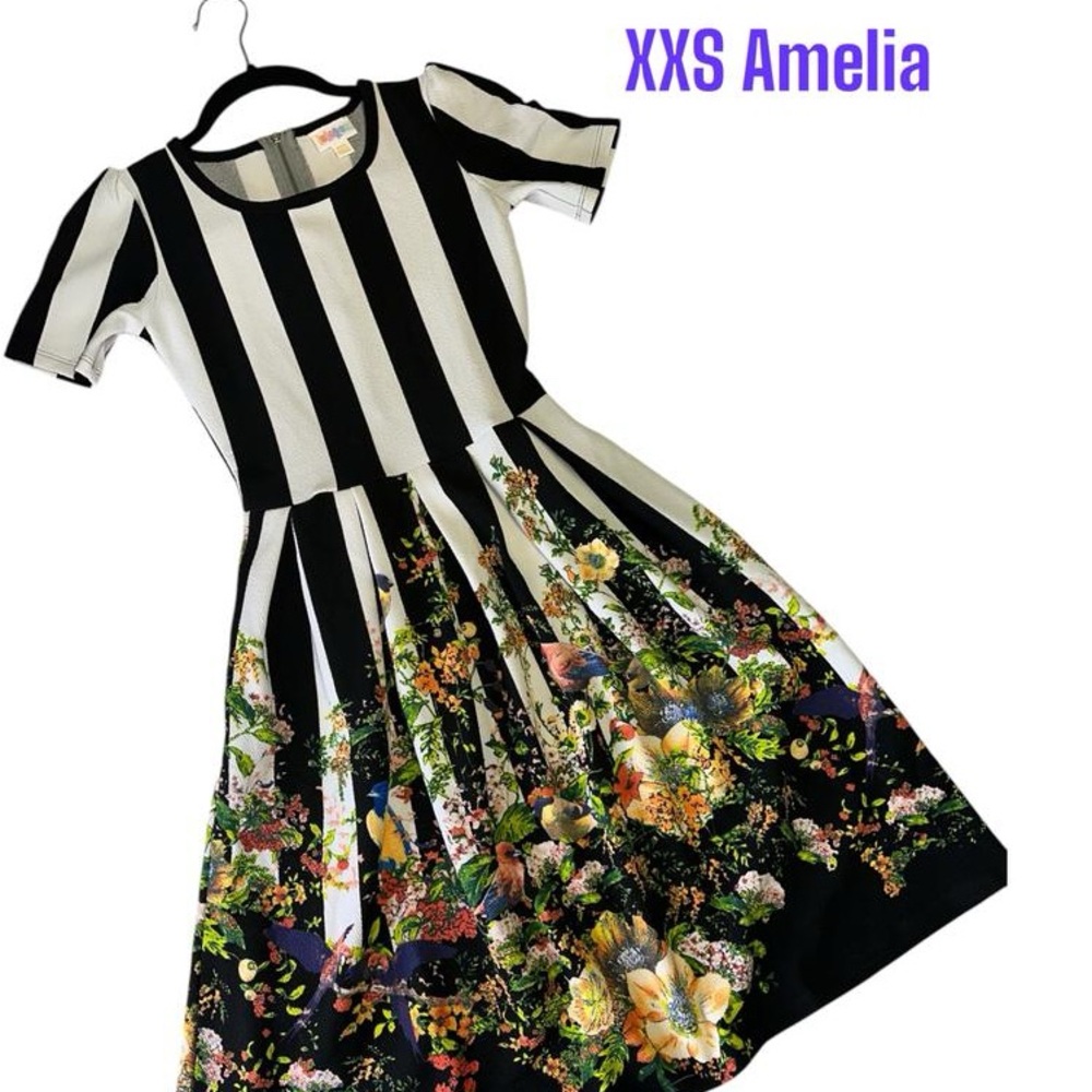 LuLaRoe Black and White Striped Floral Dress